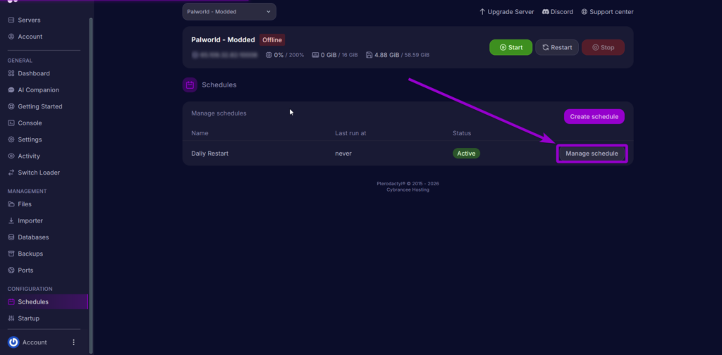 Cybrancee Panel- Manage Schedule Palworld Restart