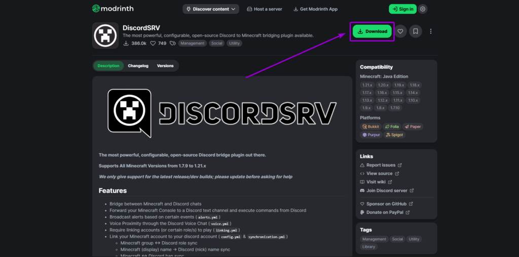 Modrinth DiscordSRV Download Button Highlighted