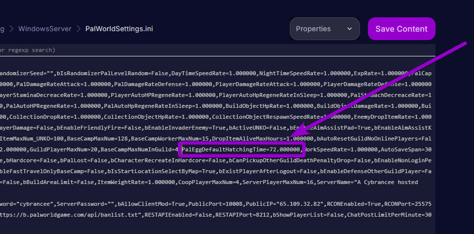 'PalEggDefaultHatchingTime' outlined with arrow