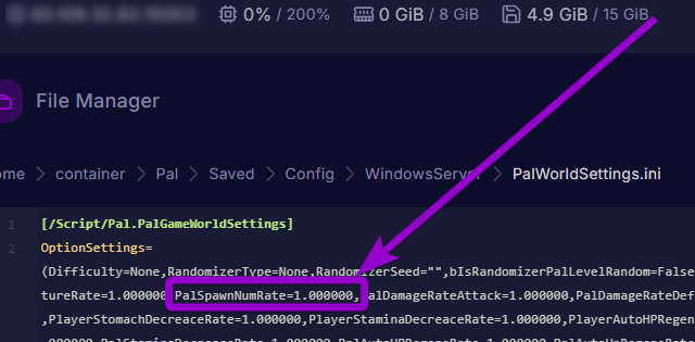'PalSpawnNumRate' outlined with arrow