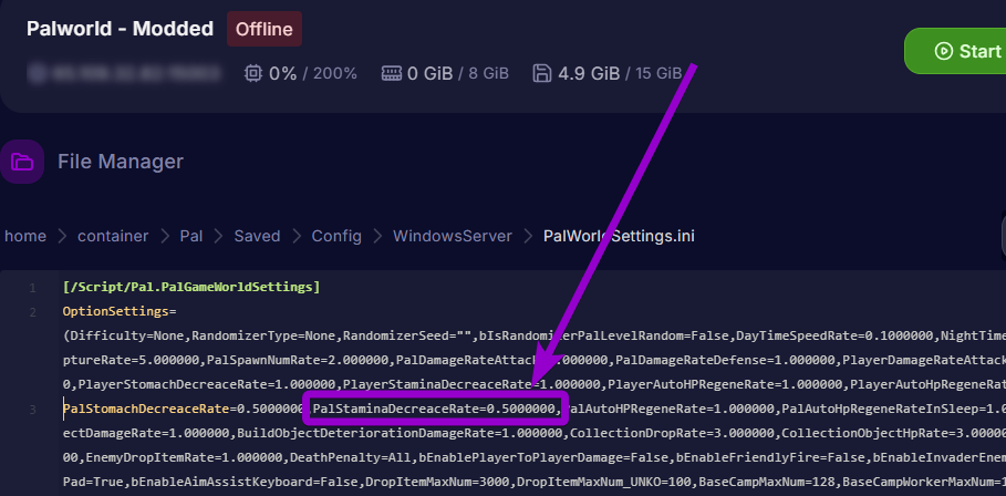 'PalStaminaDecreaceRate' outlined with arrow