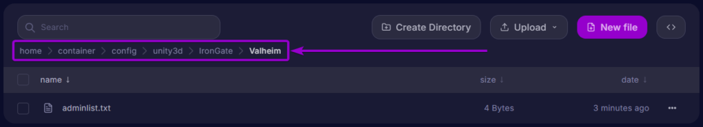 Path of the 'adminlist' file in the 'files' tab container