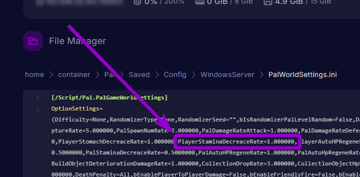 'PlayerStaminaDecreaceRate' outlined with arrow