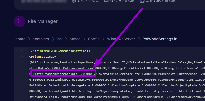 'PlayerStomachDecreaceRate' outlined with arrow