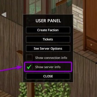 Project Zomboid Build 42 'Show server info' outlined with arrow