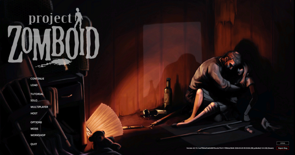 Project Zomboid Build 42.15.3 main menu