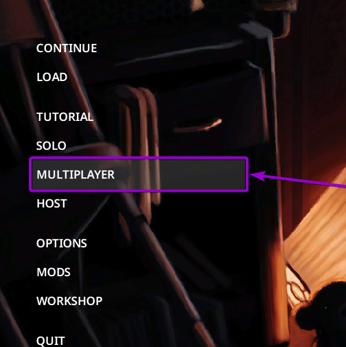 Project Zomboid main menu 'Multiplayer' button outlined with arrow