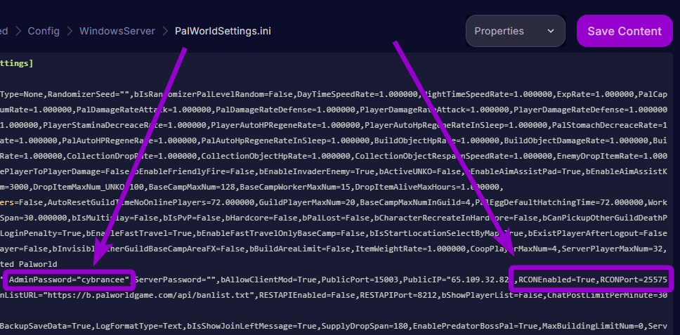 'RCONEnabled','AdminPassword' and 'RCONPort' outlined with arrow