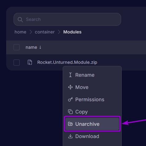 'Rocket Unturned Module' zip file 'Unarchive' button outlined with arrow