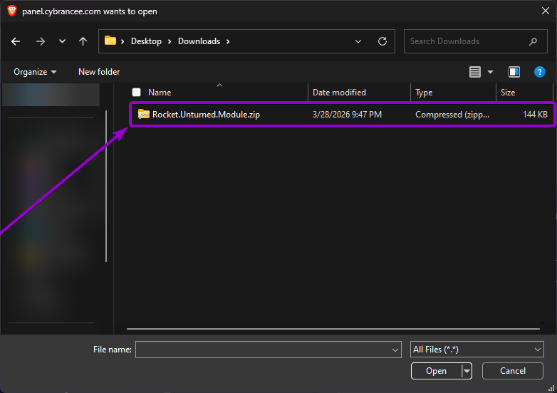 'Rocketmodfixed' zip module outlined with arrow