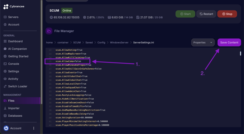 Cybrancee File Manager displaying the scum.AllowComa setting with the Save Content button highlighted for a SCUM server.