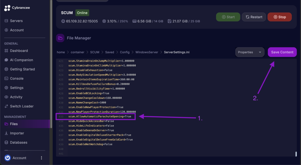 Cybrancee File Manager displaying the scum.AllowAutomaticParachuteOpening setting with the Save Content button highlighted for a SCUM server.