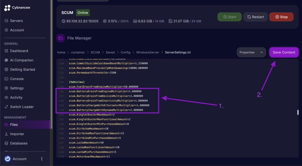 Cybrancee File Manager displaying battery settings with the Save Content button highlighted for a SCUM server.