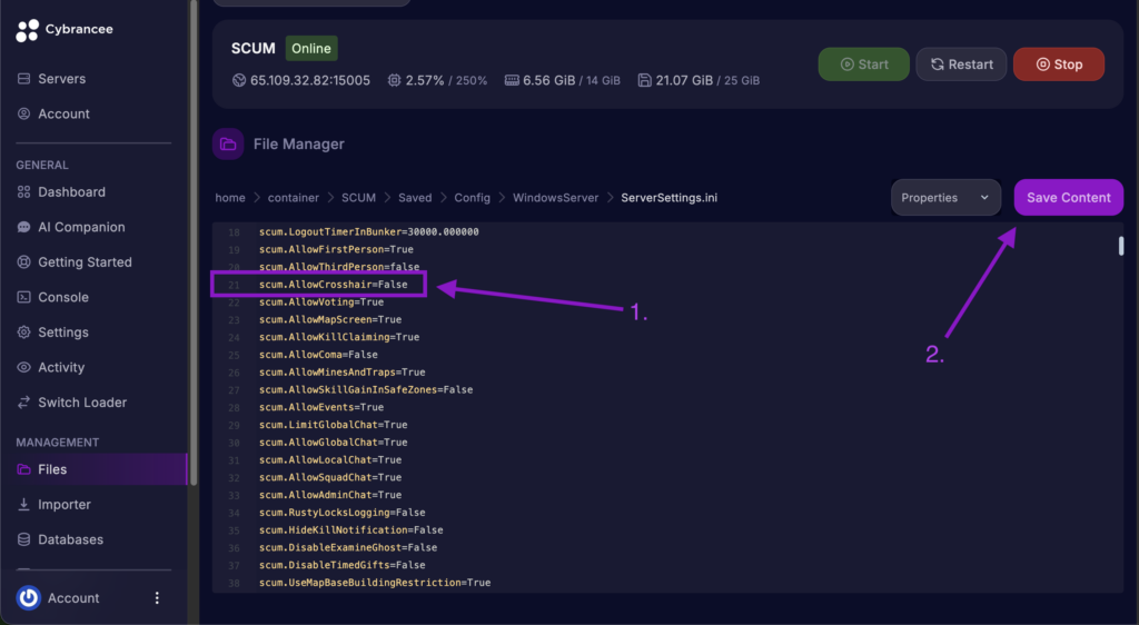 Cybrancee File Manager displaying the scum.AllowCrosshair setting with the Save Content button highlighted for a SCUM server.