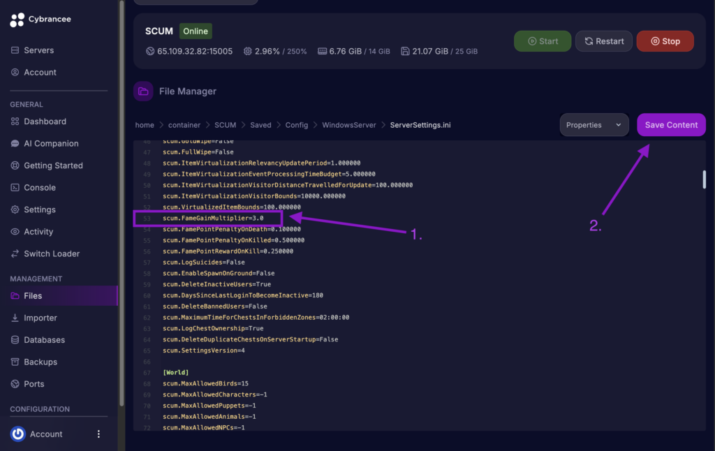 Cybrancee File Manager displaying scum.FameGainMultiplier setting with the Save Content button highlighted for a SCUM server.