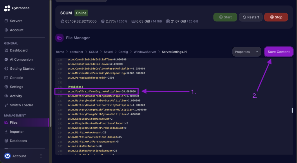 Cybrancee File Manager displaying scum.FuelDrainFromEngineMultiplier setting with the Save Content button highlighted for a SCUM server.