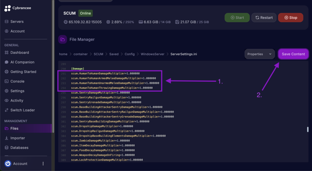 Cybrancee File Manager displaying human-to-human damage settings with the Save Content button highlighted for a SCUM server.