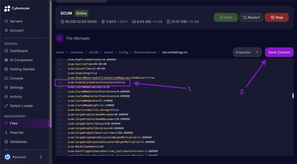 Cybrancee File Manager displaying locked loot container settings with the Save Content button highlighted for a SCUM server.