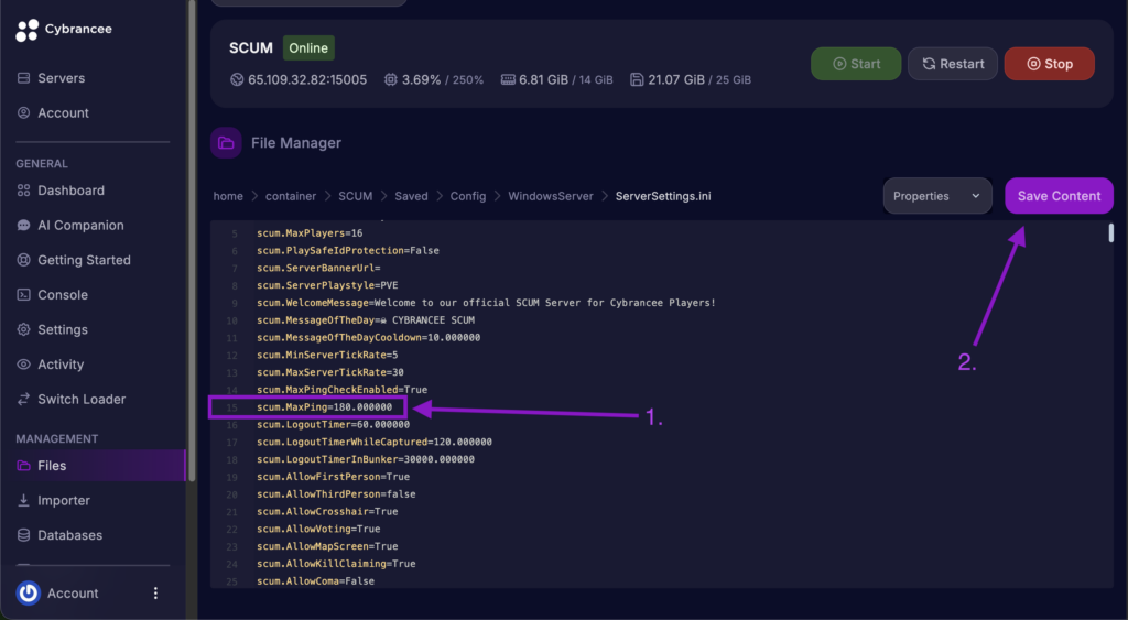 Cybrancee File Manager displaying the scum.MaxPing setting with the Save Content button highlighted for a SCUM server.