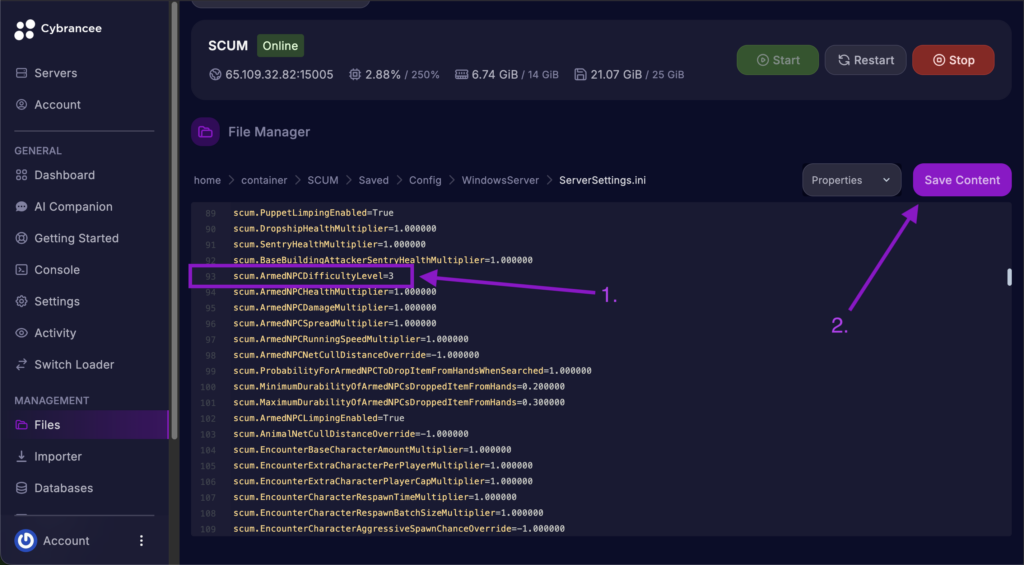 Cybrancee File Manager displaying scum.ArmedNPCDifficultyLevel setting with the Save Content button highlighted for a SCUM server.