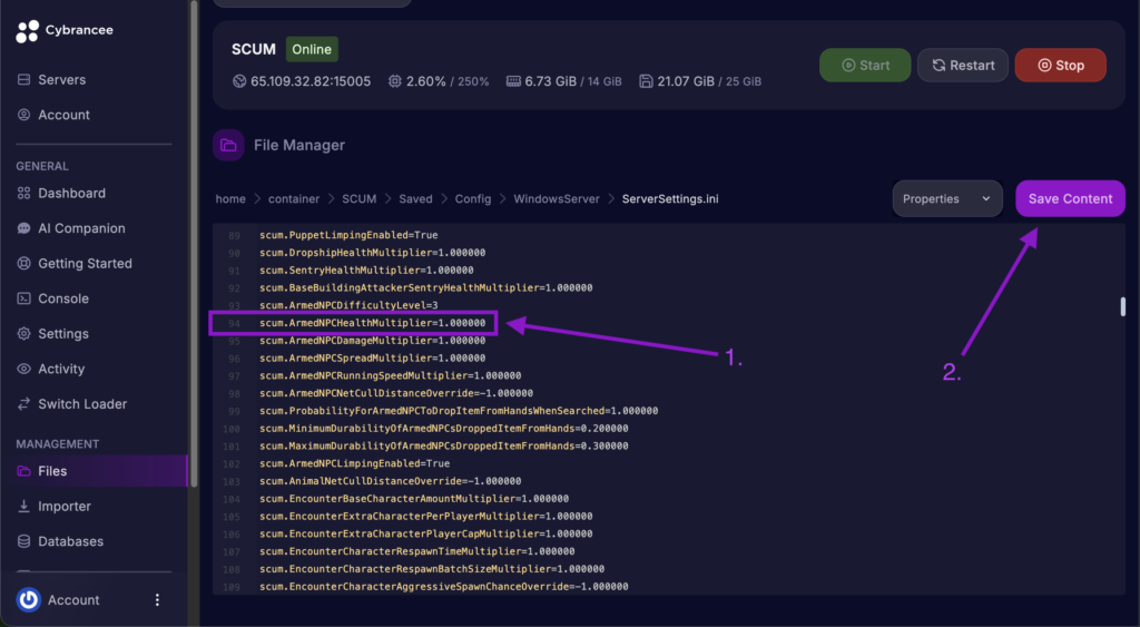 Cybrancee File Manager displaying scum.ArmedNPCHealthMultiplier setting with the Save Content button highlighted for a SCUM server.