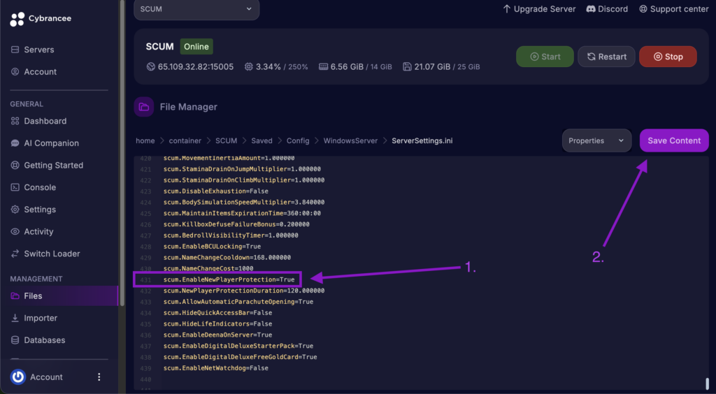 Cybrancee File Manager displaying the scum.EnableNewPlayerProtection setting with the Save Content button highlighted for a SCUM server.