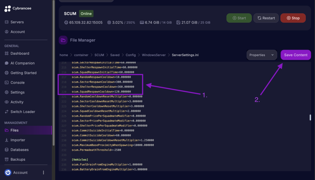 Cybrancee File Manager displaying scum.RandomRespawnCooldown, scum.SectorRespawnCooldown, scum.ShelterRespawnCooldown, and scum.SquadRespawnCooldown settings with the Save Content button highlighted for a SCUM server.