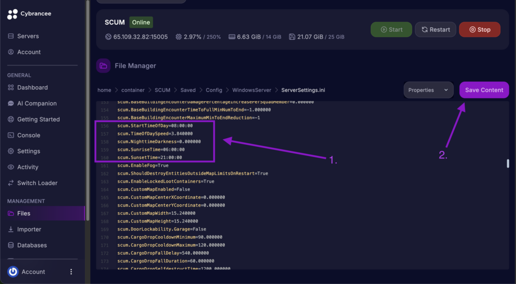 Cybrancee File Manager displaying scum.StartTimeOfDay, scum.TimeOfDaySpeed, scum.NighttimeDarkness, scum.SunriseTime, and scum.SunsetTime settings with the Save Content button highlighted for a SCUM server.