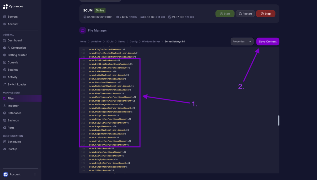 Cybrancee File Manager displaying vehicle amount settings with the Save Content button highlighted for a SCUM server.