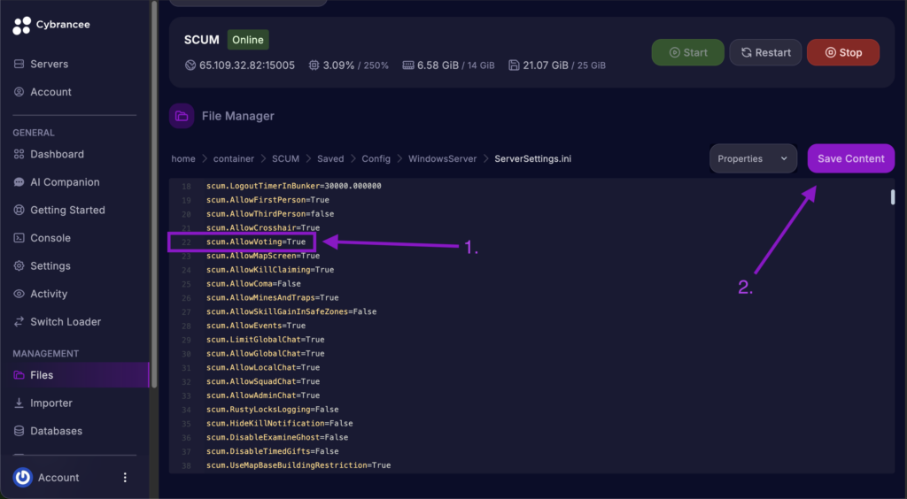 Cybrancee File Manager displaying the scum.AllowVoting setting with the Save Content button highlighted for a SCUM server.