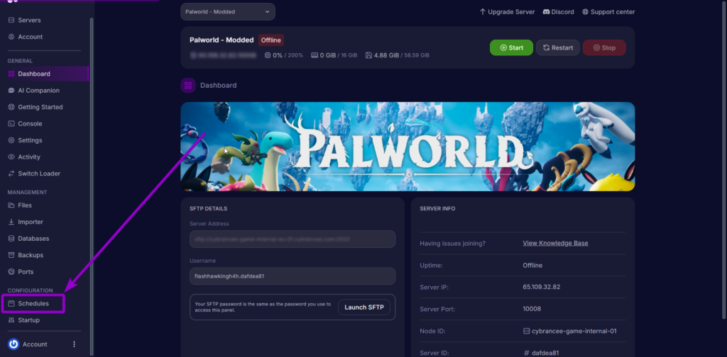 Cybrancee Panel- 'Schedules' outlined with arrow