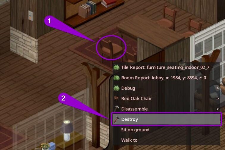 Steps to destroy an object using 'Destroy Mode' in Project Zomboid