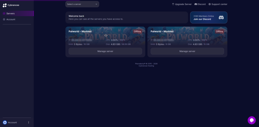 Cybrancee Panel - Server Selection Screen