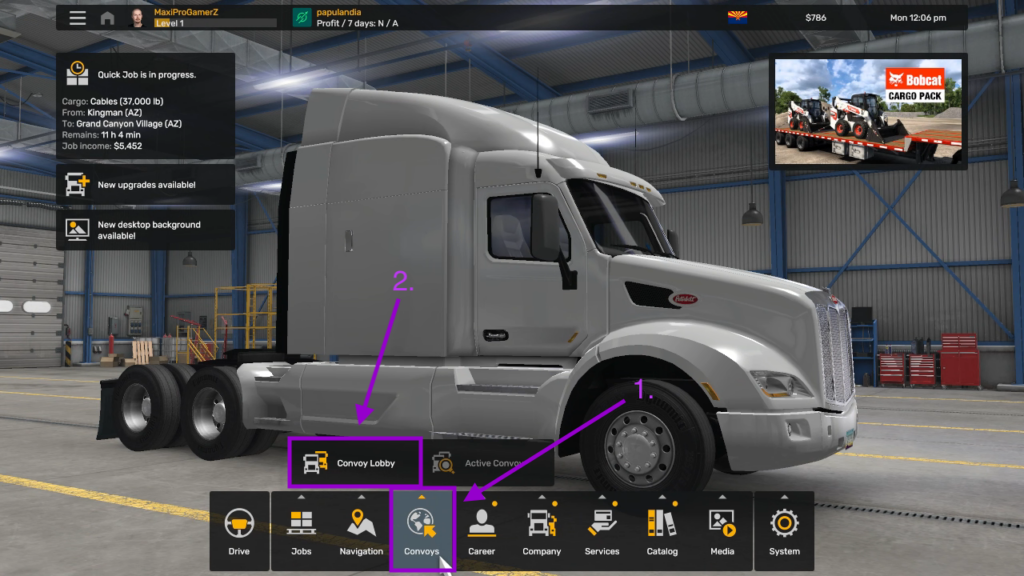 American Truck Simulator game page with the convoy buttons highlighted