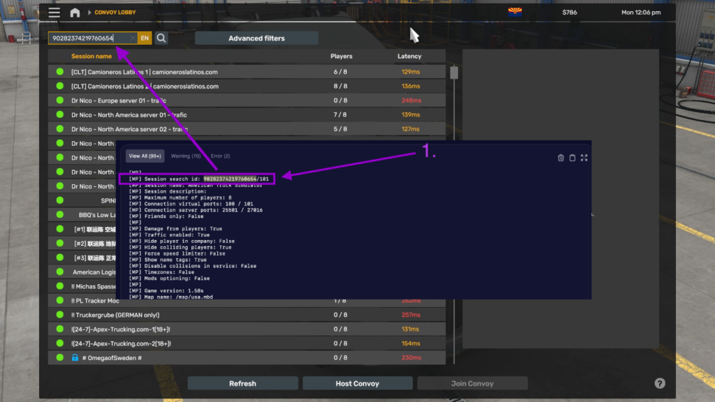 American Truck Simulator convoy screen with the session ID highlighted