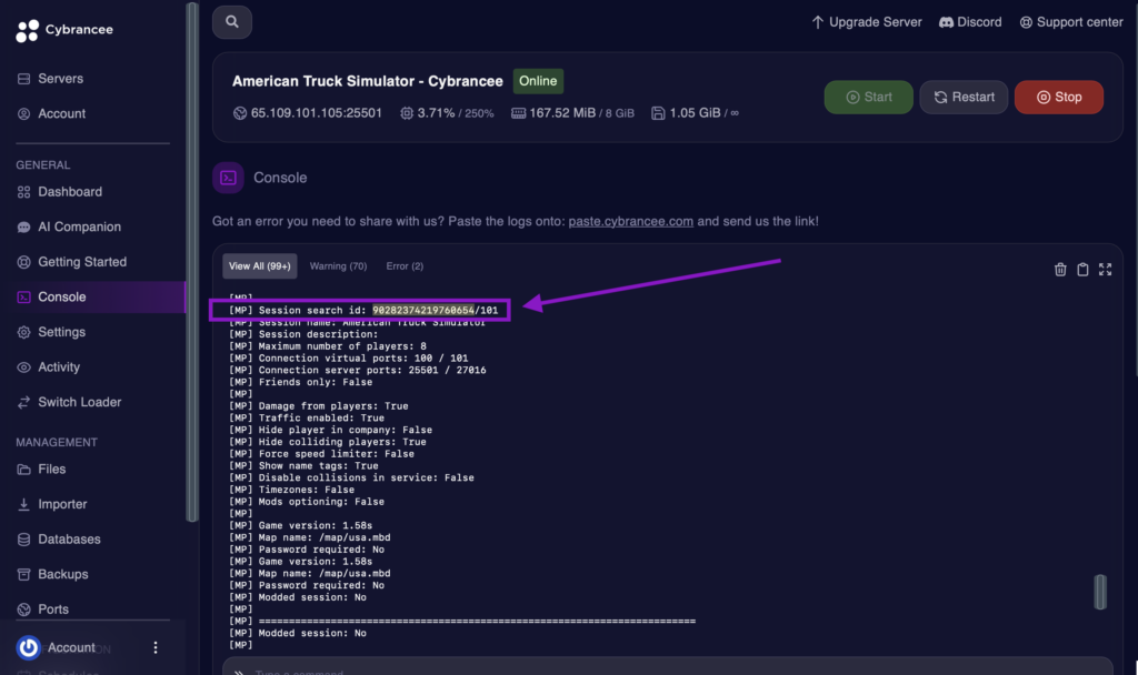 Screenshot of American Truck Simulator console with ID highlighted