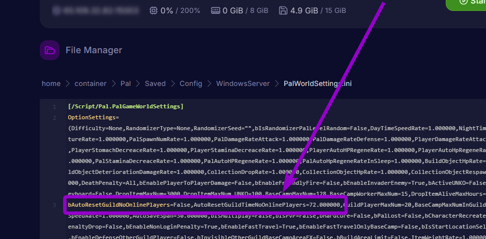 'bAutoResetGuildNoOnlinePlayers' and 'AutoResetGuildTimeNoOnlinePlayers' outined with arrow