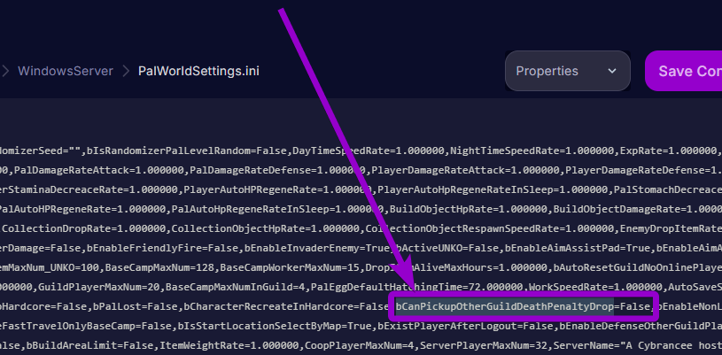 'bCanPickupOtherGuildDeathPenaltyDrop' outlined with arrow
