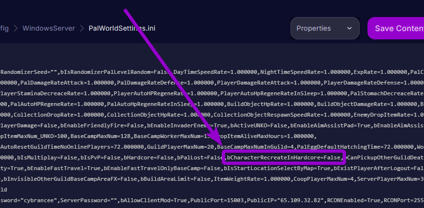 'bCharacterRecreateInHardcore' outlined with arrow