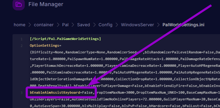 'bEnableAimAssistKeyboard' outlined with arrow