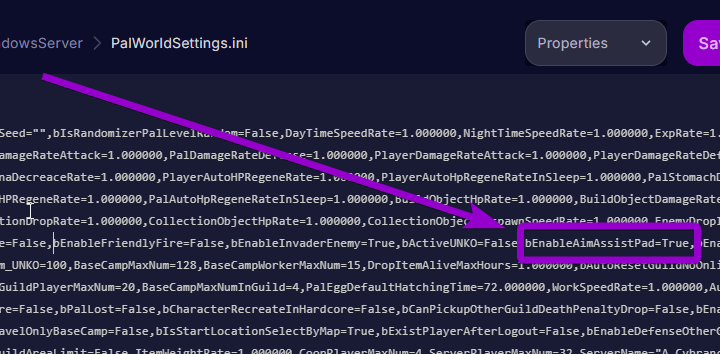 'bEnableAimAssistPad' outlined with arrow