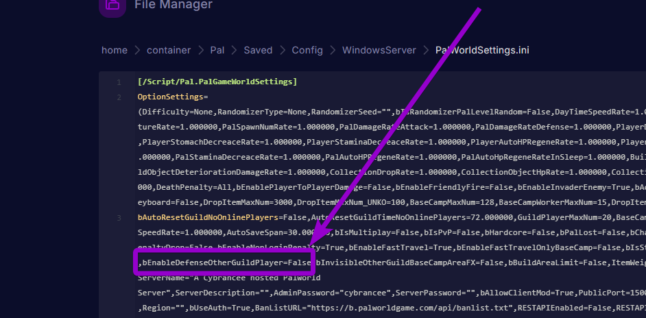 'bEnableDefenseOtherGuildPlayer' outlined with arrow