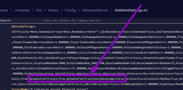 'bEnableFastTravel' and 'bEnableFastTravelOnlyBaseCamp' outlined with arrow
