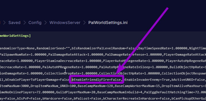 'bEnableFriendlyFire' outlined with arrow