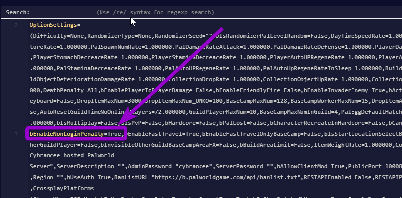 'bEnableNonLoginPenalty' outlined with arrow