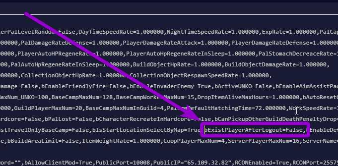 'bExistPlayerAfterLogout' outlined with arrow
