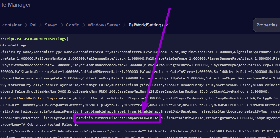 'bInvisibleOtherGuildBaseCampAreaFX' outlined with arrow