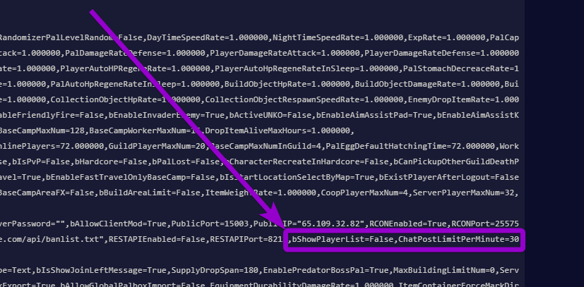 'bShowPlayerList' and 'ChatPostLimitPerMinute' outlined with arrow