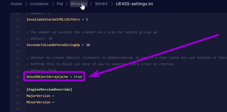 'bUseUObjectArrayCache' outlined with arrow