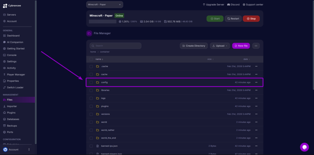 Cybrancee File Manager config folder